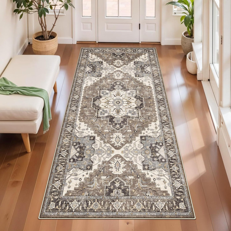 Rug Hallway - Washable Kitchen Vintage Stain Resistant Rugs Indoor Ultra-Thin Soft Floor Mat Non-Slip Rubber Backing Carpet for Bathroom Living Room Bedroom (Beige)