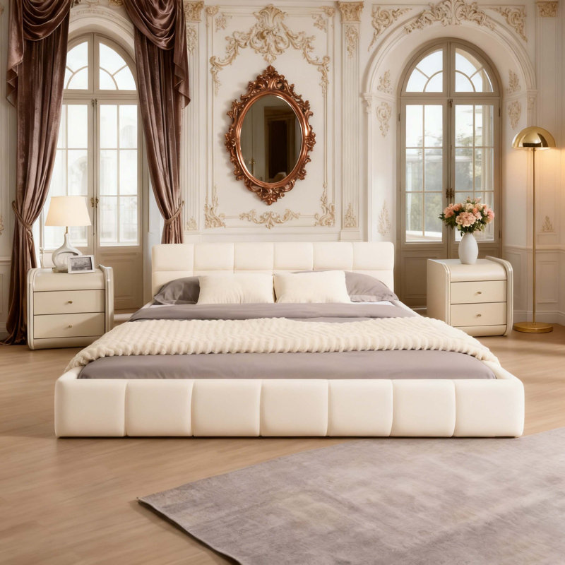 Lit tapissier élégant en chenille beige avec motif damier, grand, beige