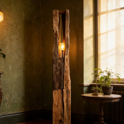 Lampe sur pied rustique en bois massif avec motif naturel