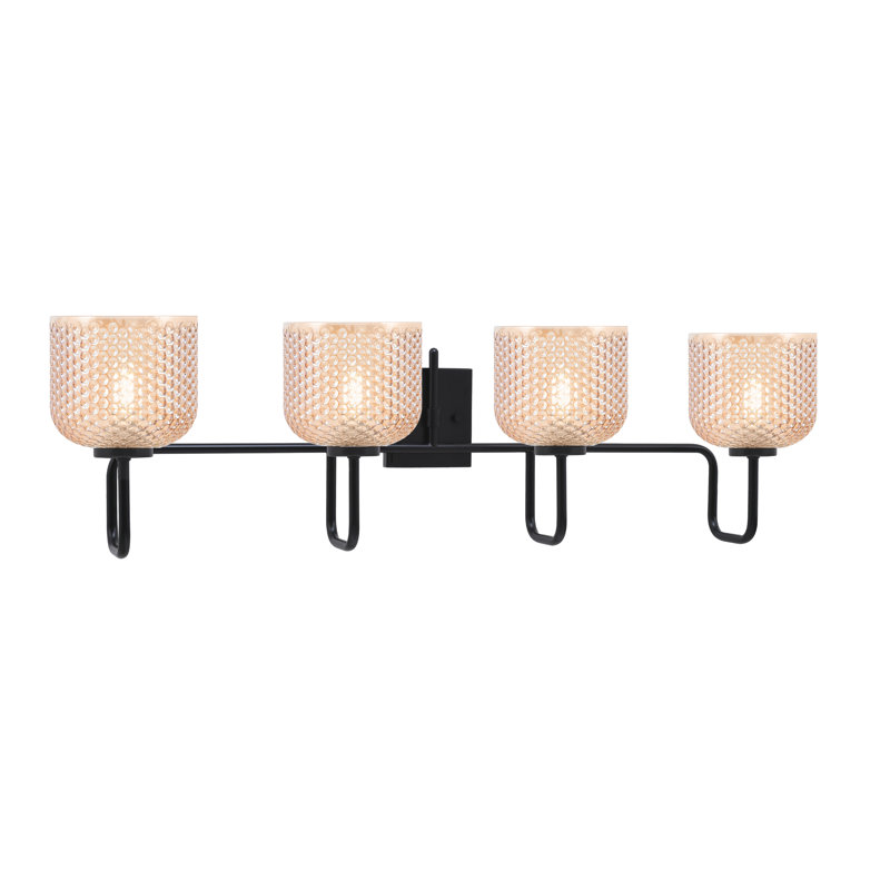 Barre d'éclairage de salle de bain 4 lumières Sandia au fini noir mat avec verre texturé ambre de 6 po, 4 Lights