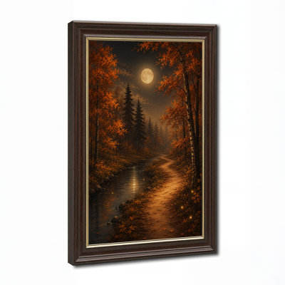 "Autumn Forest Path And Stream Under Full Moon", art mural sur toile