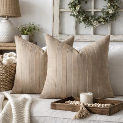 Coussin décoratif brun rayé texturé avec insert 18 po x 18 po - Coussin décoratif moderne pour canapé, maison et maison de campagne neutre, paquet de 2