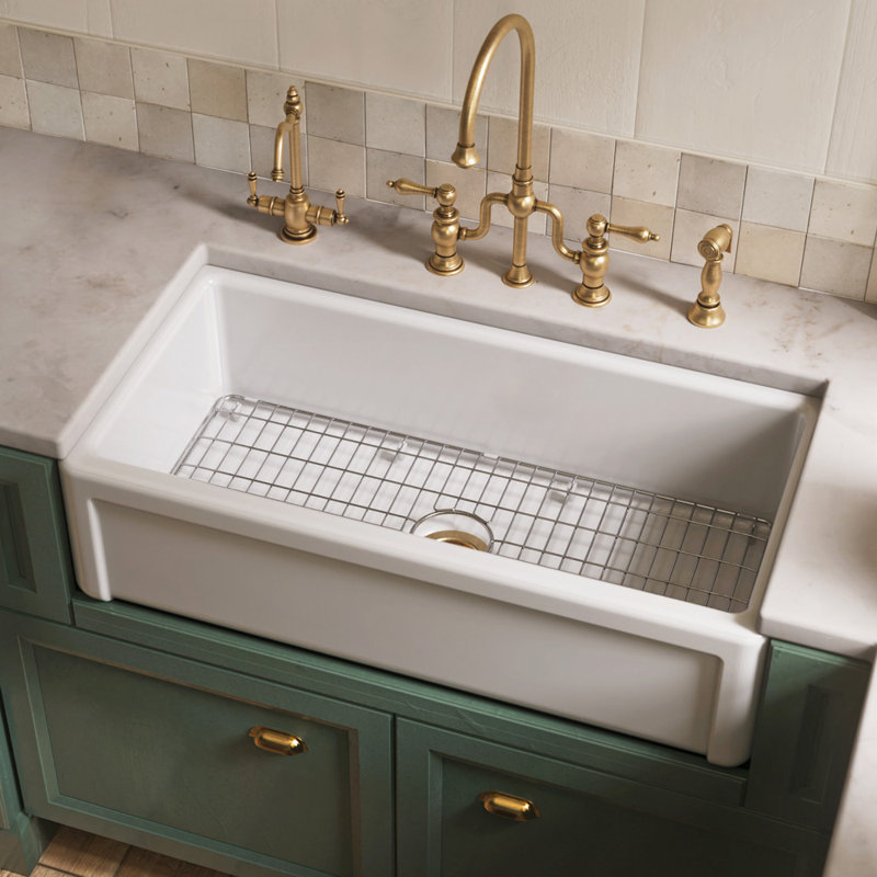 Whitehaus Reversible Fireclay Kitchen Sink with Grid: Three Edge Frame, Plain Front Apron, 10" H x 36" L x 18" W