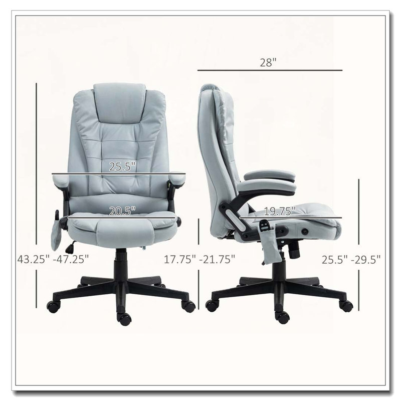 Microfiber Massage Desk Chair With Heat Function And Reclining Backrest, Light Gray