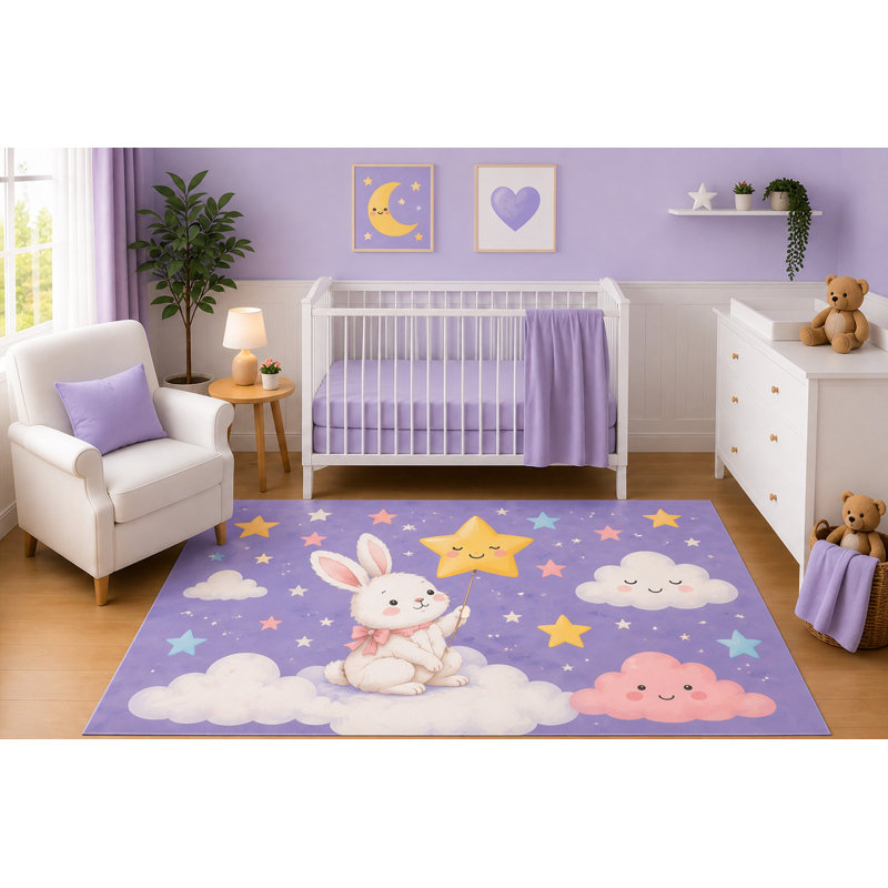 Tapis ultra-léger 152 x 213 cm (5' x 7') avec lapin tenant une étoile, motif aquarelle lapin, nuages, lune et étoiles pastel, ciel onirique, dos antidérapant en silicone, poils courts