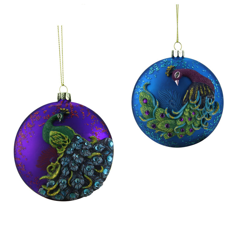 Ornement de Noël 4 po en forme de paon scintillant bleu et mauve