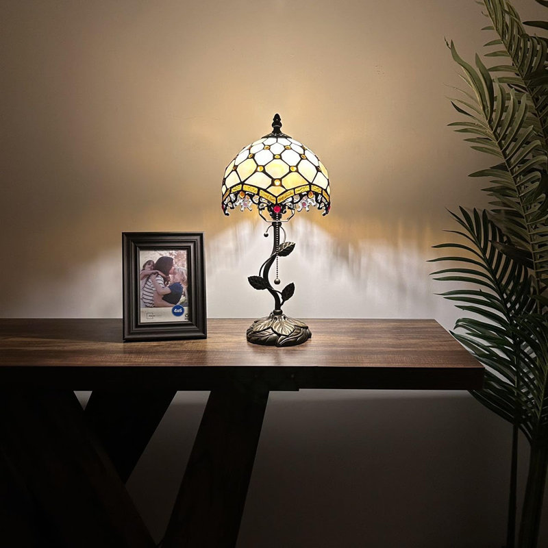 Beige Stained Glass Table Lamp with Bronze Resin Base