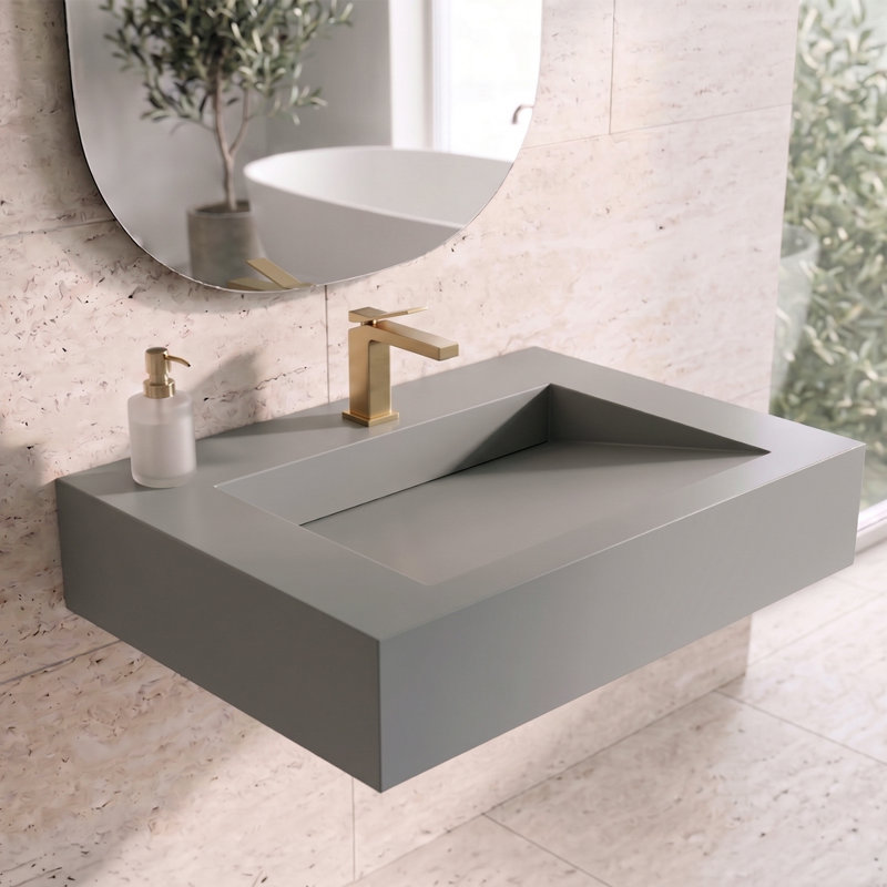 Lavabo de salle de bain rectangulaire à fixation murale Pyramid, Gris, Simple