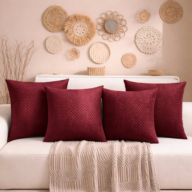Aspire Homeware Embossed Square Velvet Cushion Cover, Burgundy, Pack of 4
