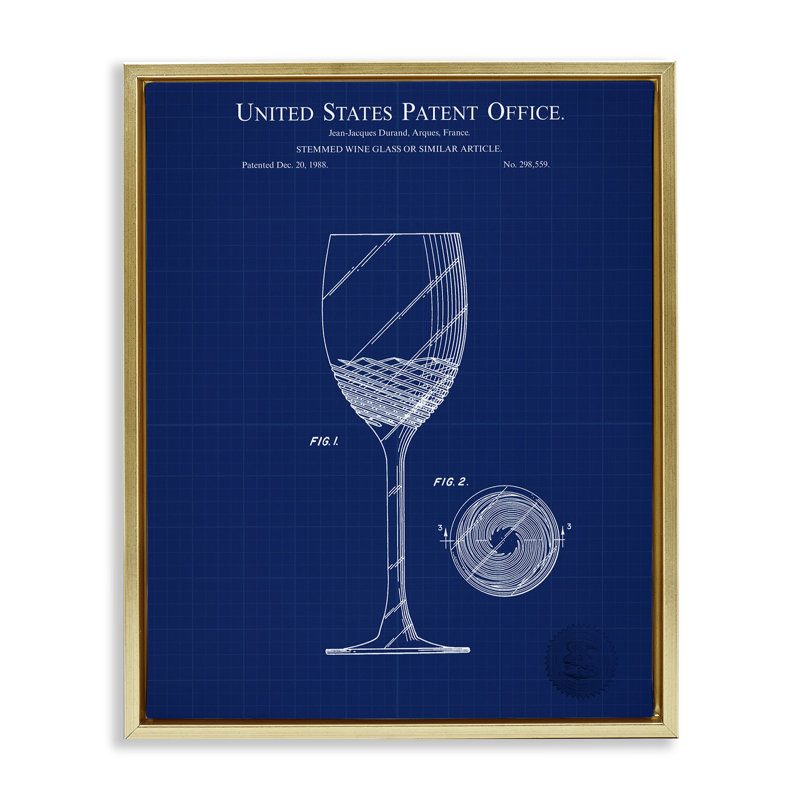 "Wine Glass Blueprint", art mural encadré sur toile flottante par Karl Hronek, Cadre flottant métallique doré