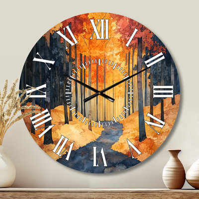 Golden Hour in Forest Pathway - Nature Metal Wall Clock