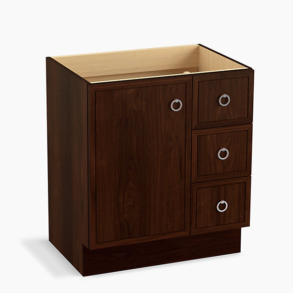 Base de meuble-lavabo 30 po Jacquard® seulement avec porte-pieds, 1 porte et 3 tiroirs à droite, Cerise Tweed
