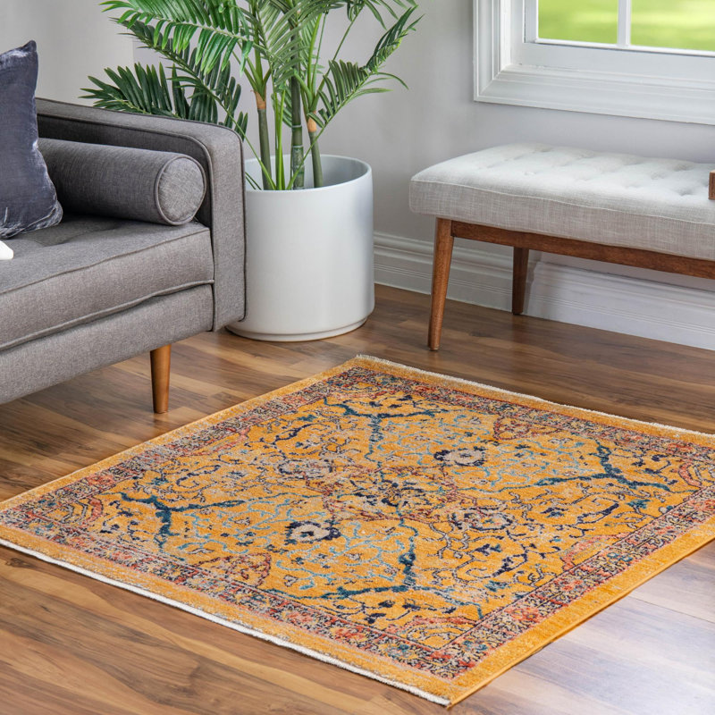 Tapis jaune / bleu / rouge Indigo, Carré 3 pi 11 po