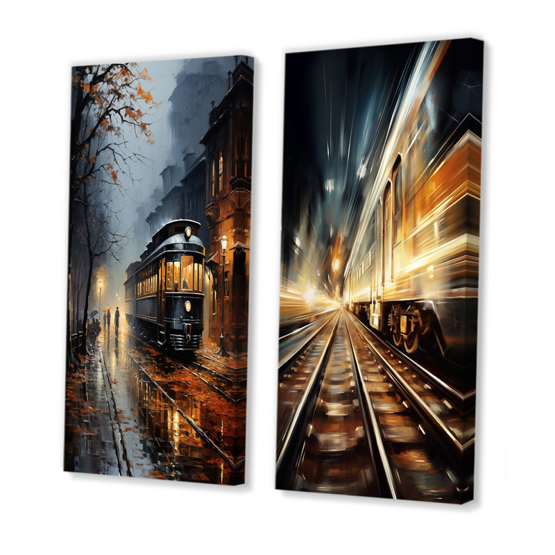 «Train Misty Morning Pointillism», 2 pièces sur toile, H 40 po x l 40 po, Toile tendue