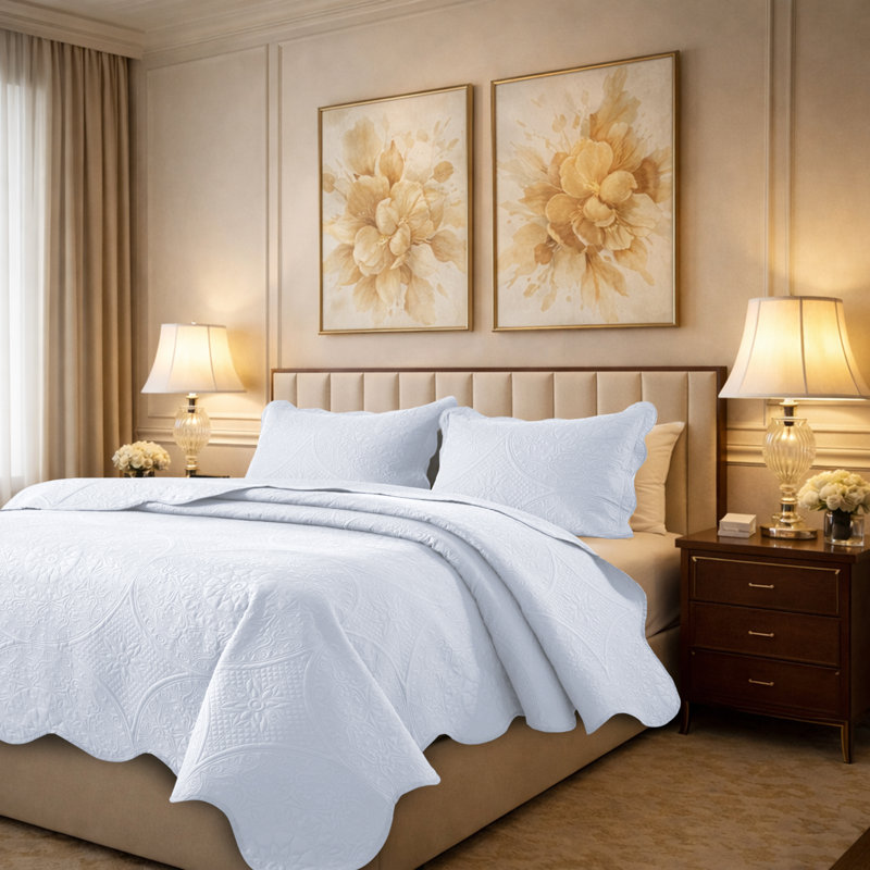 Floral Embossed Microfiber Quilt Set Pre-Washed  Soft Bedspread, White, Twin Bedspread + 1 Standard Pillowcase