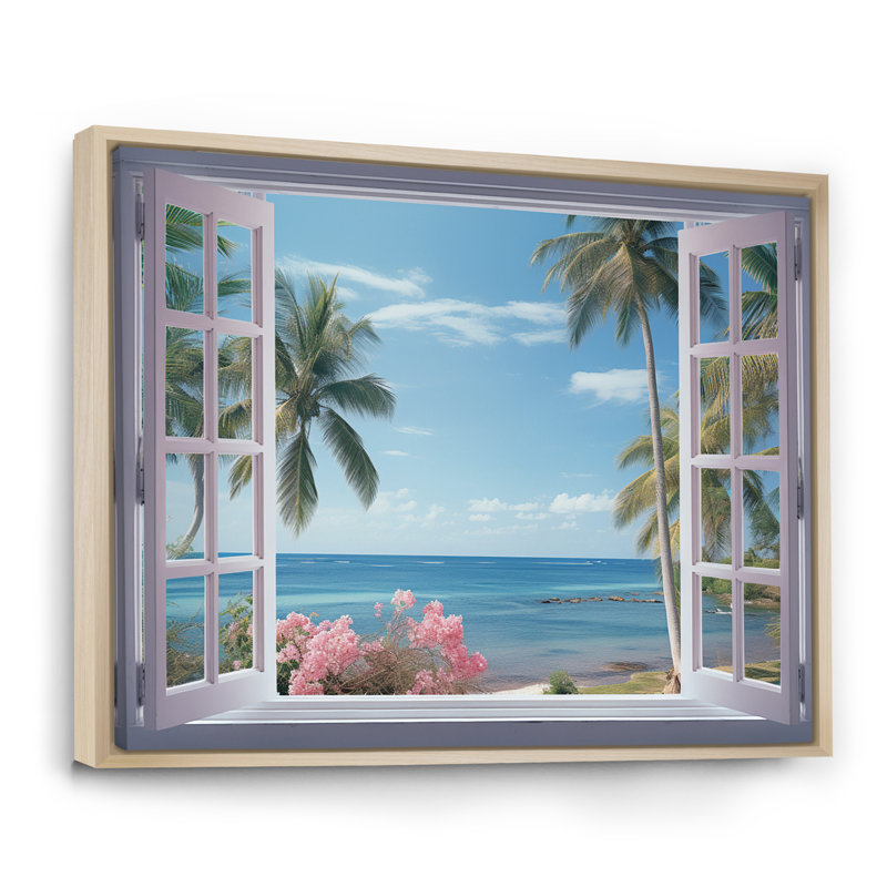 Vue sur l'océan tropical à travers une fenêtre blanche ouverte - art mural sur toile côtière, H 16 po x l 32 po x P 1 po