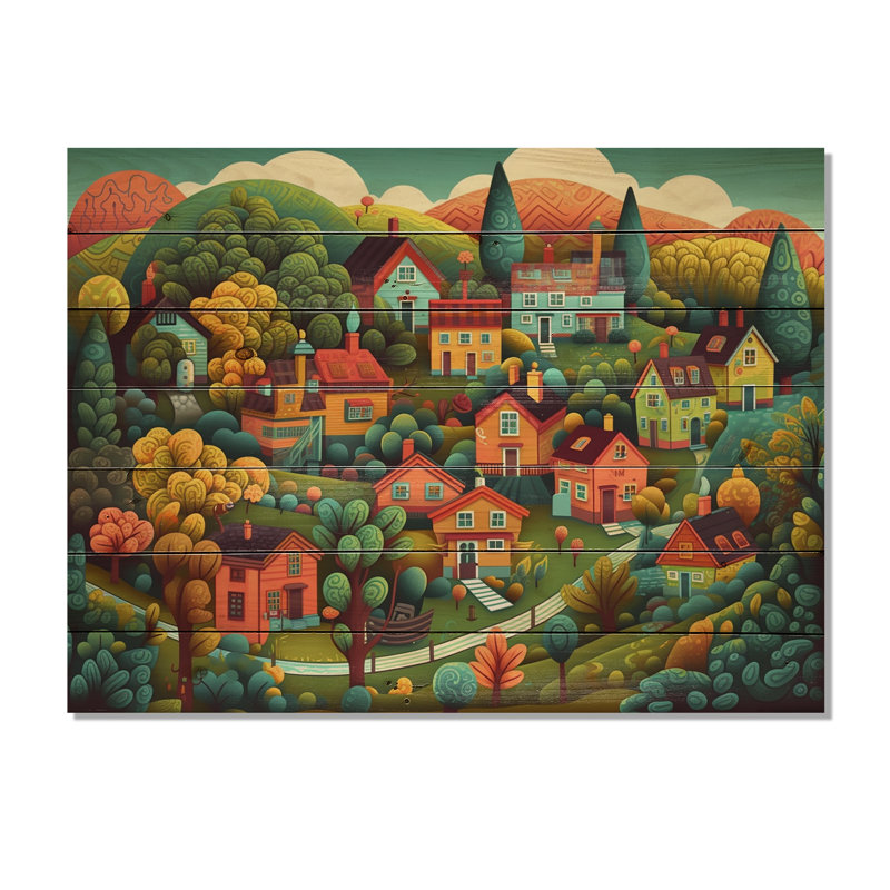 Petite ville village II sur bois, H 10 po x l 20 po x P 0,78 po