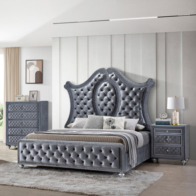 1pc Glam 5-Drawer Chest Velvet Tufted Drawer Front Faux Crystal Drawer Knobs Bedroom Furniture