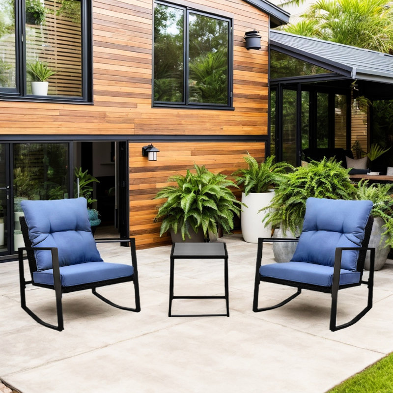 Patio Bistro With Blue Cushions - 3 Pieces Outdoor Furniture For Garden, Lawn, Terrace Chair Sponge All-Weather Materials For Pool