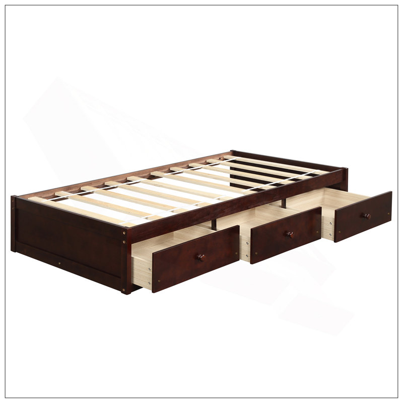 Lit plateforme simple avec rangement et 3 tiroirs, Cerisier