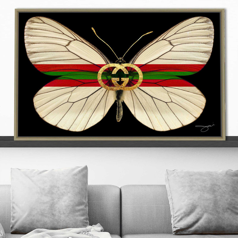 «Gucci Butterfly (Horizontal)» par By Jodi - impression, Reproduction avec cadre flottant, H 31,5 po x l 51,5 po, Champagne
