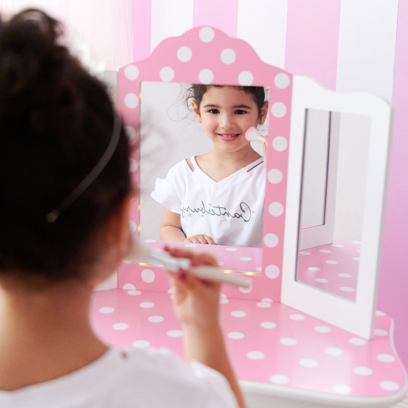  Fantasy Fields - Fashion Polka Dot Prints Gisele Play Vanity Set with LED Mirror Light, Pink/White