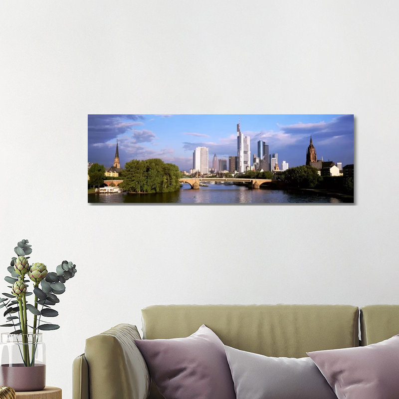 Skyline As Seen From The Main River, Frankfurt, Hesse, Germany by Panoramic Images - Wrapped Canvas Panoramic Print
