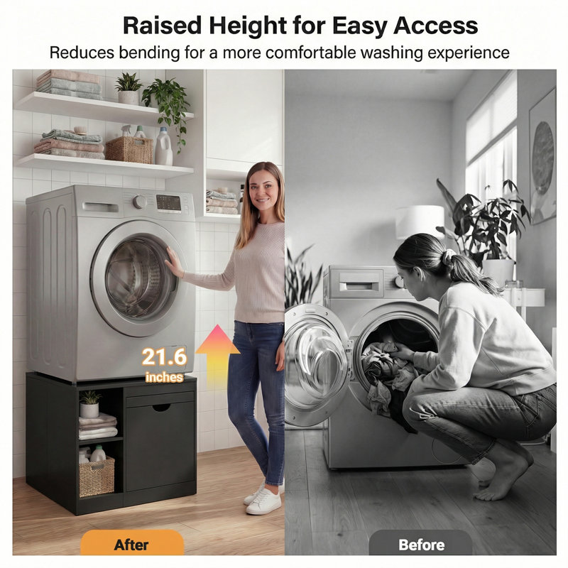 Universal Washer Dryer Laundry Pedestal with Drawer & Open Shelf, Heavy-Duty Anti-Vibration Washer Dryer Stand with Full-Panel
