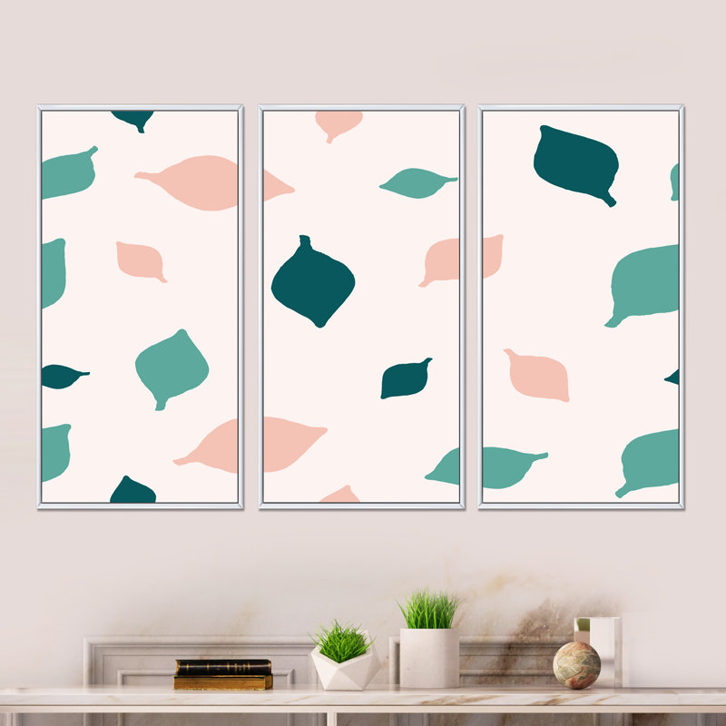 Abstrait vert clair et feuillage rose II - ensemble d'art moderne encadré sur toile Mid-Century, H 20 po x l 36 po x P 1 po