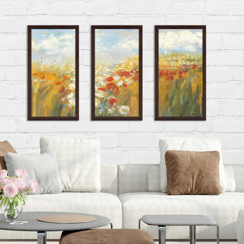 Coquelicots et larkspur - Peinture encadrée 3 pièces, L 40,5 po x H 25,5 po x P 1 po