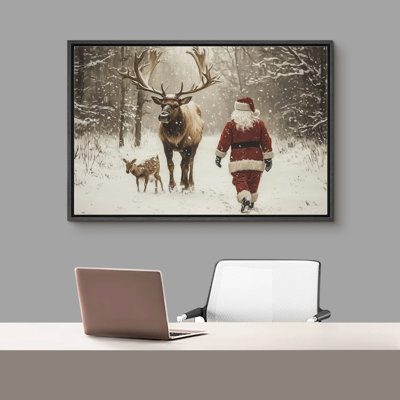 Santa Claus And Reindeer In Forest Snowy Winter Cozy Christmas Holiday Framed Canvas Print Wall Art