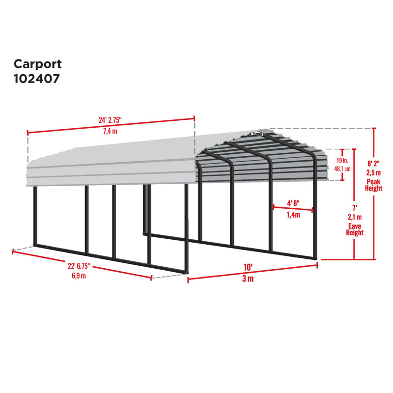 Galvanized Steel Carport, 10X24X7