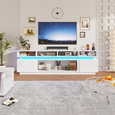 93'' TV Stand for TVs up to 100", Modern Tall High Gloss Entertainment Center with LED Lights, Power Outlets & Glass Shelf, Gaming Media Console for Living Room