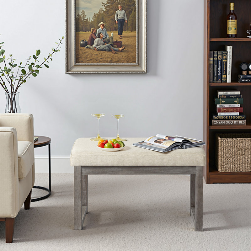 Banc repose-pieds rectangulaire de 27 pouces de large, repose-pieds en tissu d'aspect lin beige avec structure en bois massif, banc rembourré pour le salon, la chambre à coucher, le vestibule
