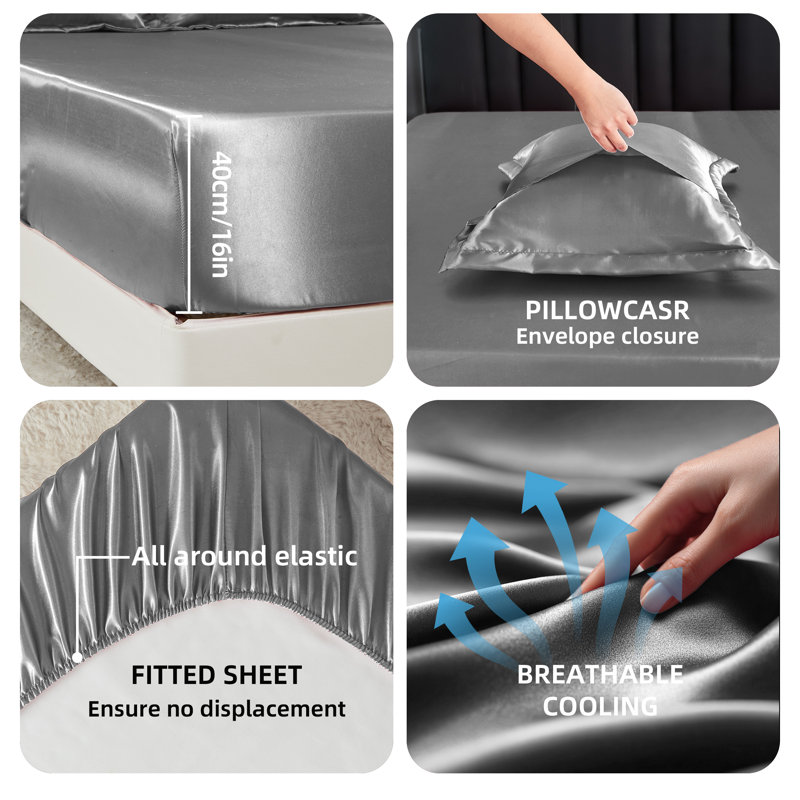 Satin Fitted Sheet Set with Pillowcases – Smooth, Breathable, Wrinkle-Resistant, Machine Washable, Easy Care, Comfortable Bedding for Adults, Hotels, Apartments, and Home Use