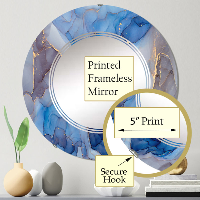 Bleu et gris luxueux abstrait fluide Art III - miroir mural moderne, 24 po x 24 po