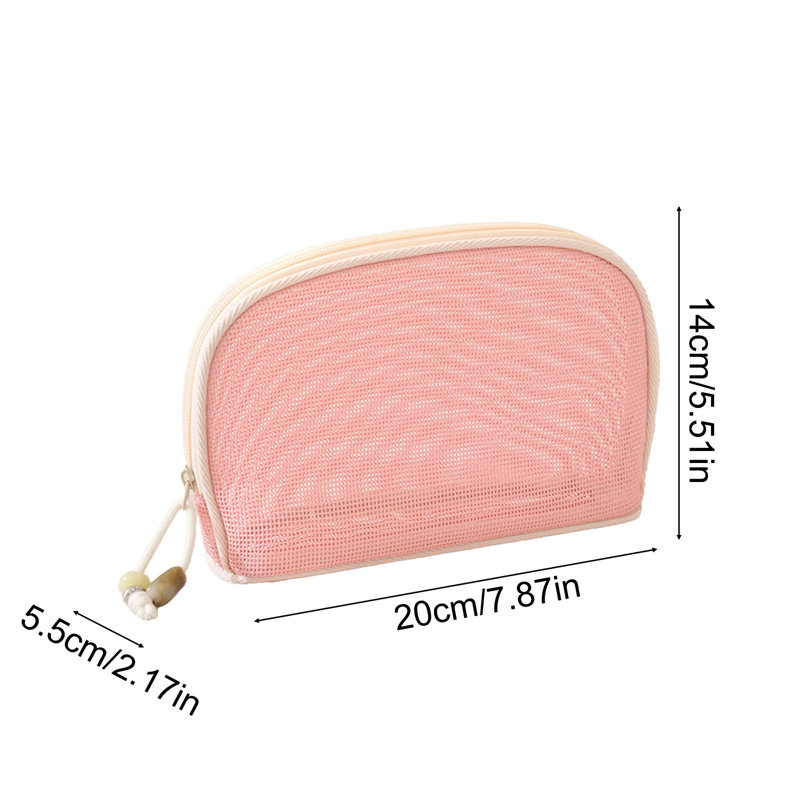 Pochette de rangement en plastique semi-circulaire en filet avec fermeture éclair, grande capacité, pour cosmétiques de voyage, organisateur de rangement portable en filet pour maquillage et petits objets