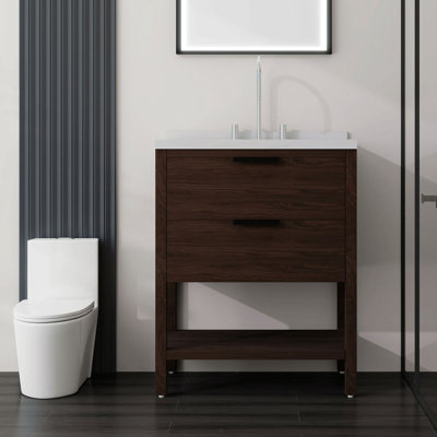 Meuble-lavabo autoportant de 30 po avec lavabo, tiroir à fermeture en douceur, comptoir et dosseret en marbre de culture blanc de 2 po Carrara