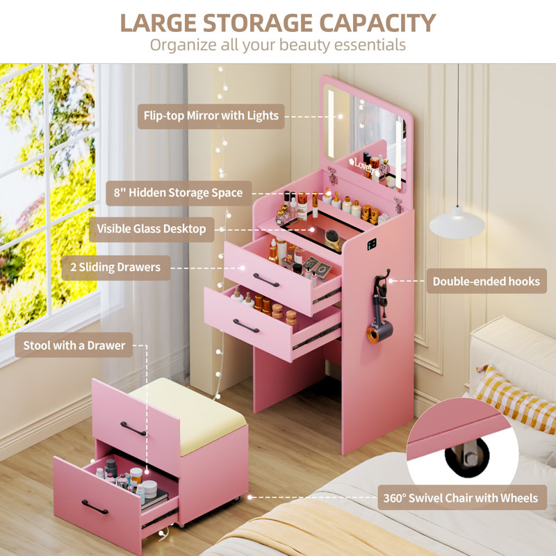 Dressing Table with Mirror, Black, Pink