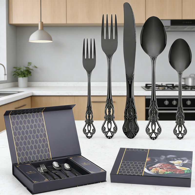Ensemble de couverts Retro Royal Black Silver pour 12 personnes, ensemble de couverts en acier inoxydable de qualité supérieure avec boîte-cadeau, ensemble de couverts polis miroir comprenant des cuillères et des fourchettes, des ustensiles d'époque, allant au lave-vaisselle