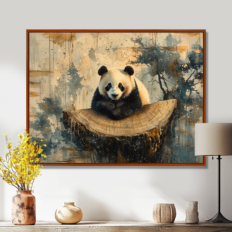 «Panda Portrait In Bamboo Forest II», art mural sur toile Panda, H 30 po x l 40 po, Reproduction avec cadre flottant, Brun