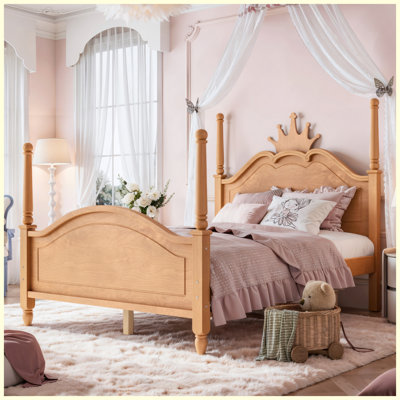Full Size Crown-Shaped Four-Poster Wooden Platform Bed with Elegant Curved Headboard, Natural