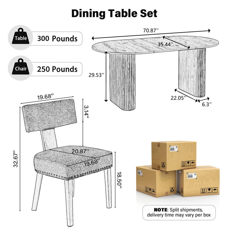 Ensemble de table à manger pour 6 personnes avec table ovale et 6 chaises rembourrées en lin, Brun, Gris