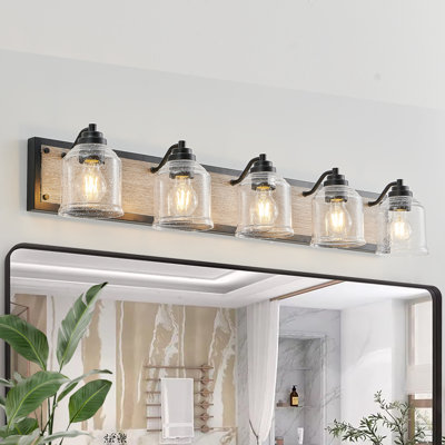 40" Farmhouse Vanity Light Fixture, 5-Light Bathroom Wall Sconce with Clear Seeded Glass Shades, Black and Wood Grain Finish, Modern Industrial Design for Bathroom or Powder Room