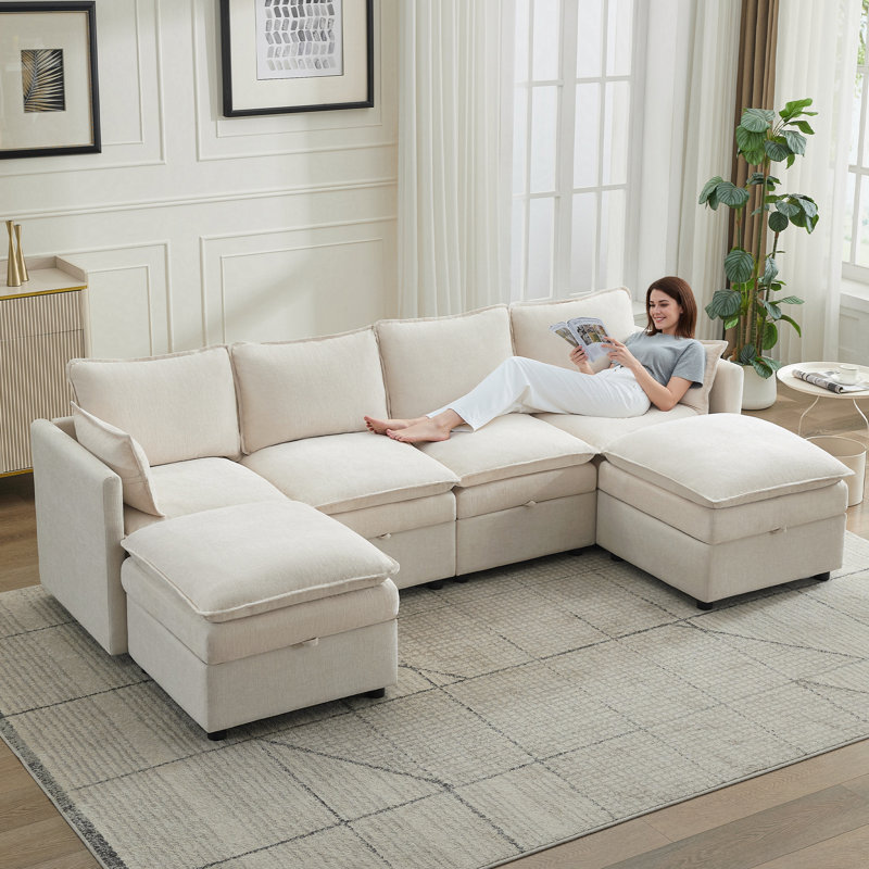 105.2" U-Shaped Modular Sectional Sofa with Storage , Beige,  34.3" H x  105.2" W x  55.5" D