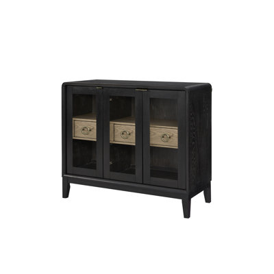 Glass Door Server For Dining Rooms With Peppercorn Finish, Two Framed Doors Stylish Look, Center Drawers Organization, Solid Wood++Glass, 42.61 In Depth, 17.48 Width, 35.51 Height Finish Room Use,