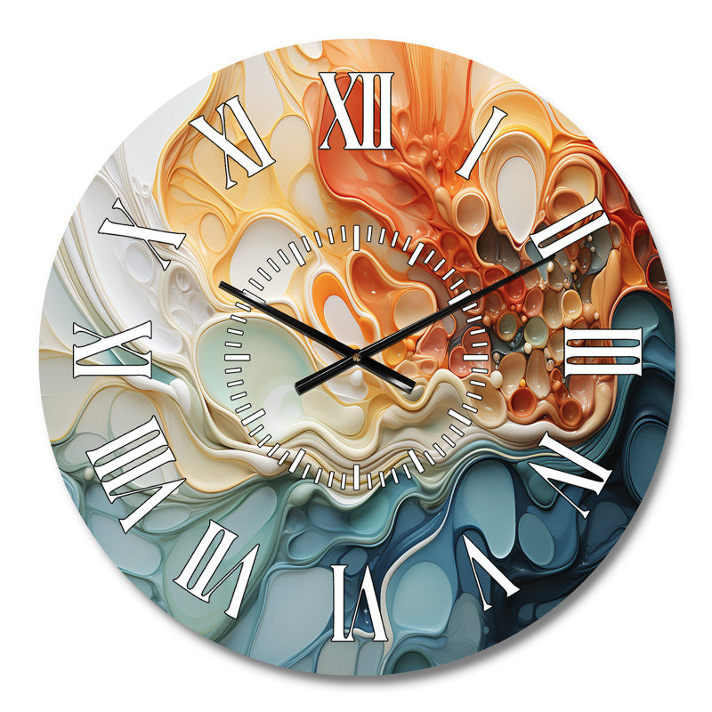 Blue And Orange Ink Cascade Fluid - Liquid Ink Abstract White Face Wall Clock, Medium