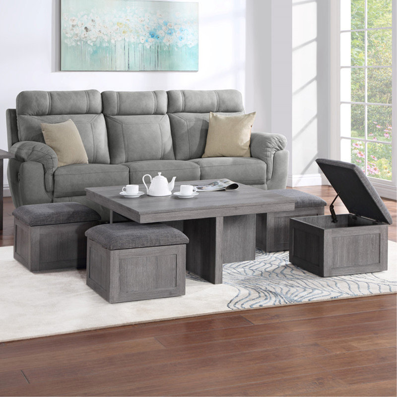 Montalbano 38"W Distressed Gray Coffee Table With Storage Stools