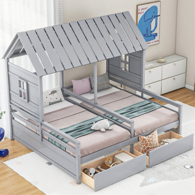 Twin Size House Platform Beds With Two Drawers For Boy And Girl Shared Beds, Combination Of 2 Side By Side Twin Size Beds, Gray