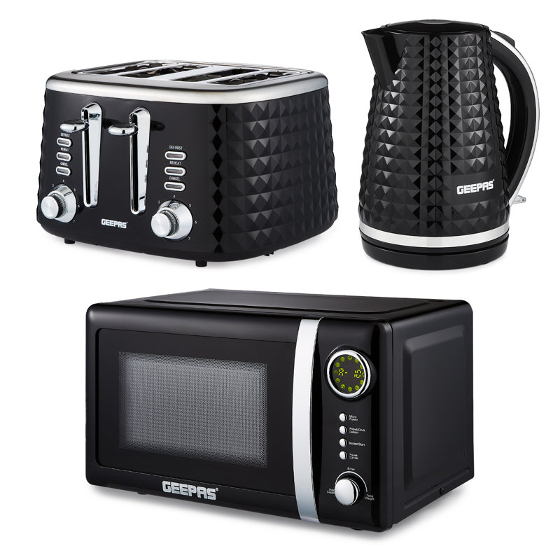 GEEPAS Electric Kettle 4 Slice Bread Toaster & Microwave Kitchen Set, Black